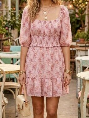 Trixxi Pink Floral Chiffon Smocked Mini Dress
